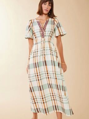 Spartina Meghan Midi Dress Kalalanta Plaid Cream XS